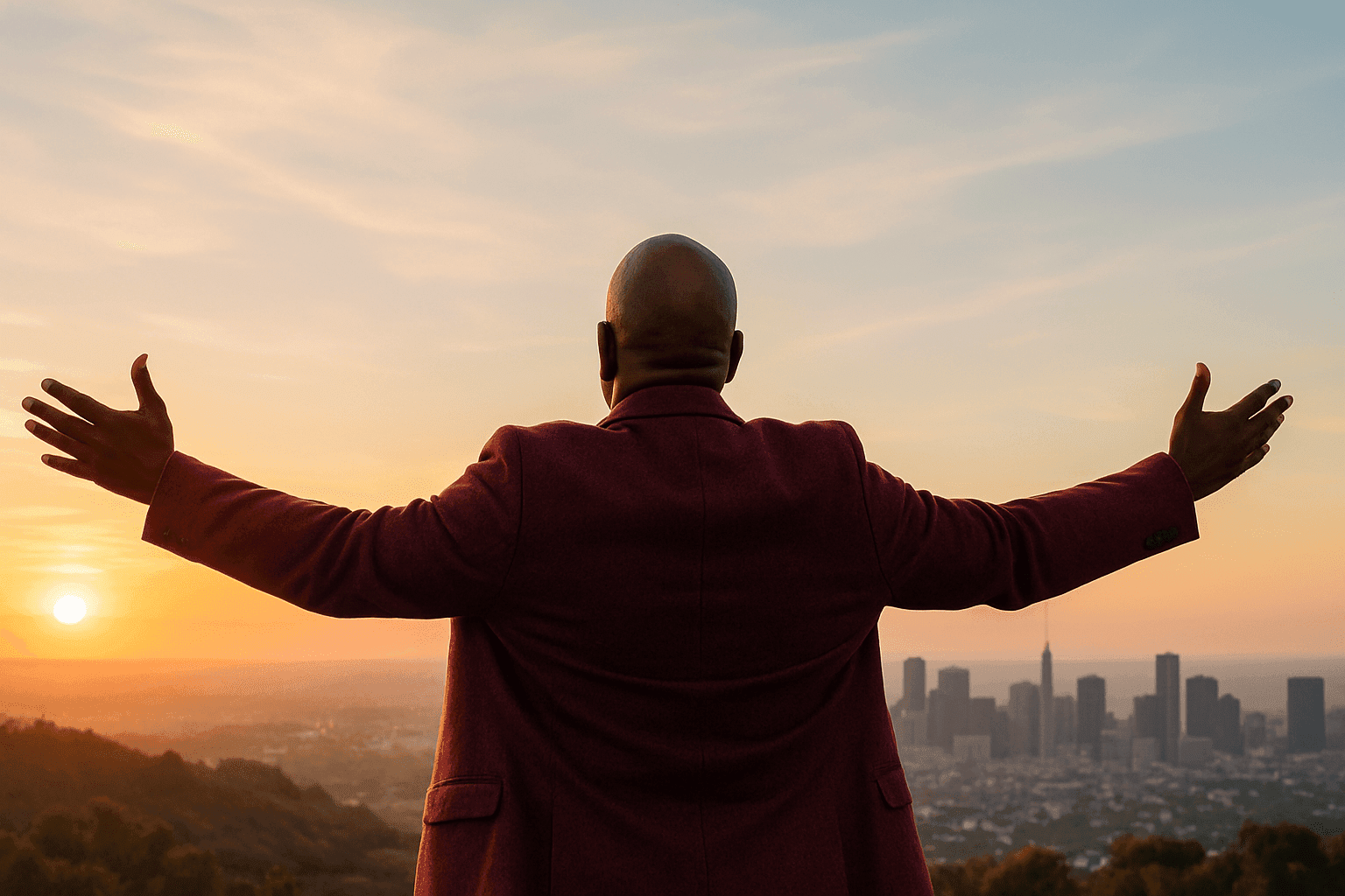 Man in burgundy jacket with arms outstretched overlooking city