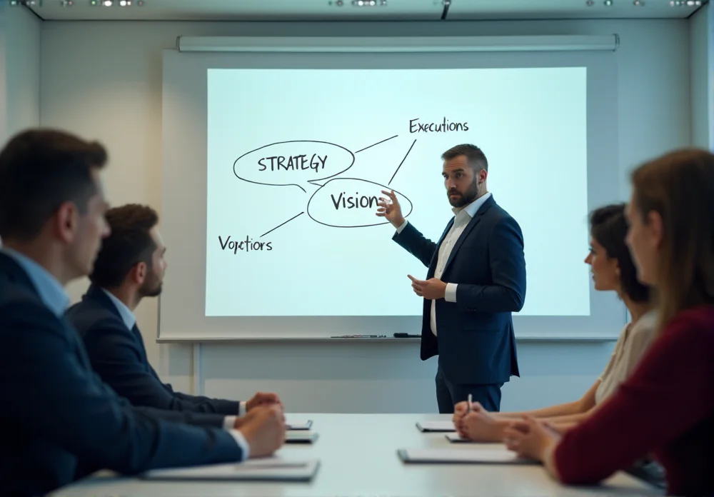 Instructor teaching in front of whiteboard with vision and values