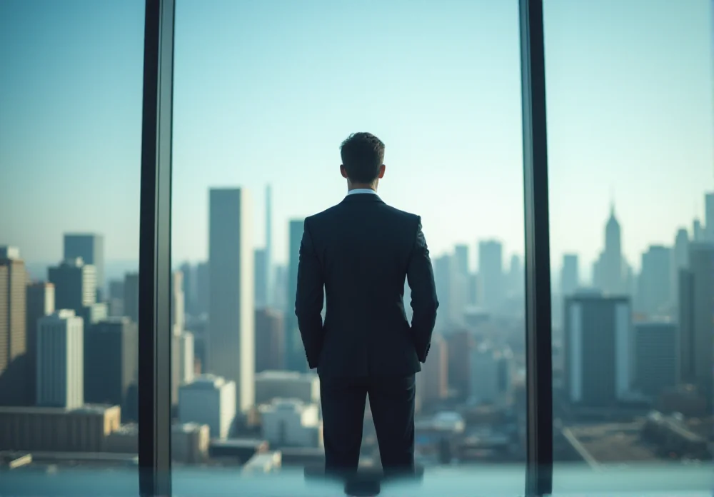 Man standing by office window overlooking city skyline
