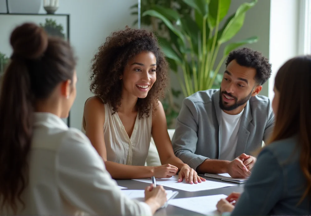 Team of professionals smiling during a executive coaching