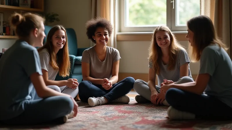 Group therapy session with young adults sharing stories