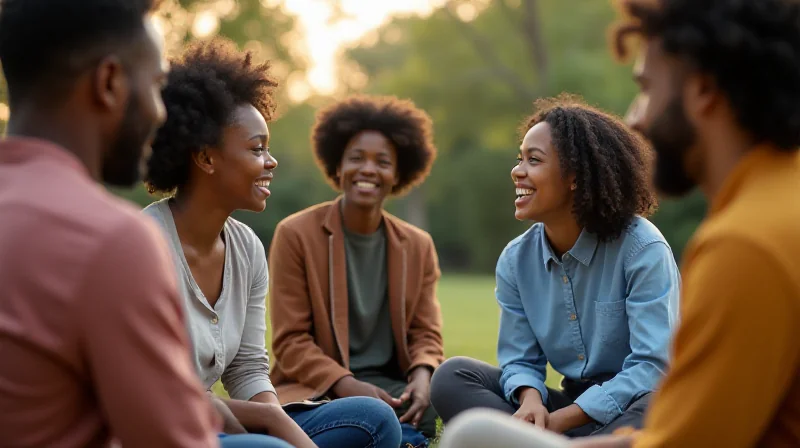 Support group members smiling and interacting together