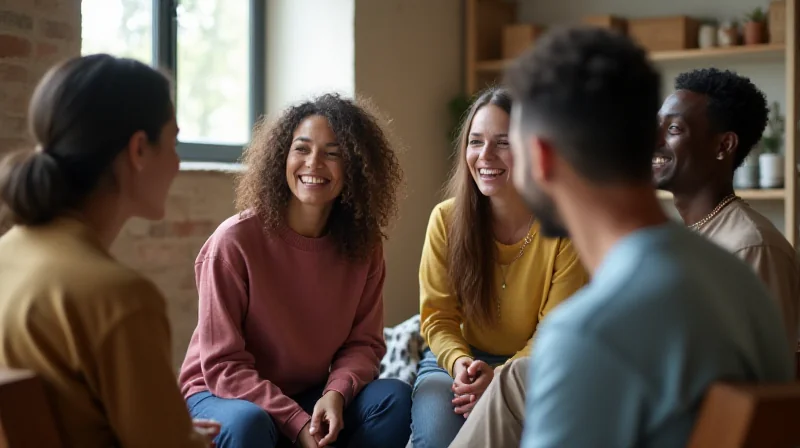 Diverse young adults talking during group support session