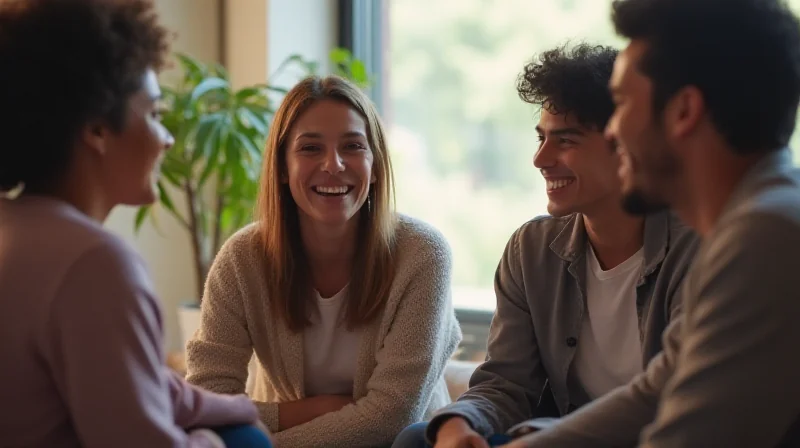 Young professionals in group therapy session smiling