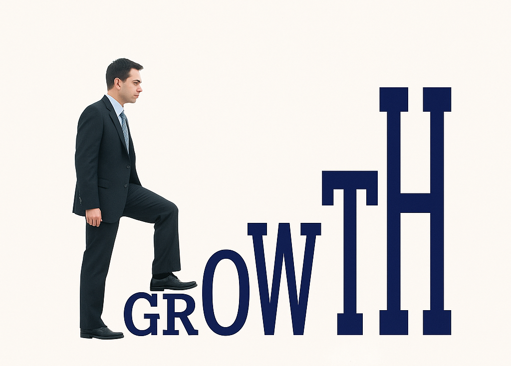 Executive stepping upward on the word growth, symbolizing leadership development and personal progress