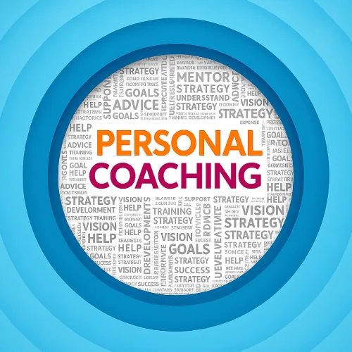 Personal coaching blue circular logo with text