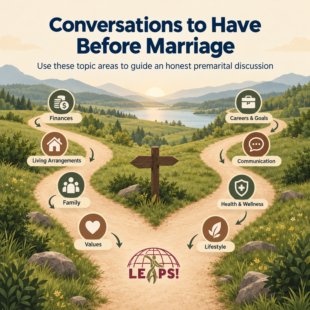 Infographic showing key premarital conversation topics for couples