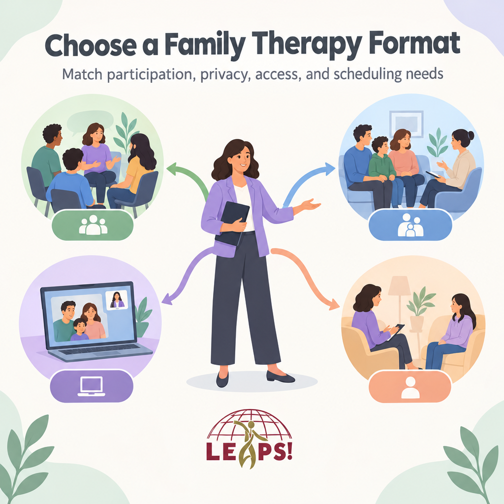 Four-step visual guide for comparing family therapy participation and session formats