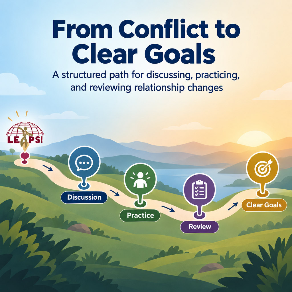 Four-step diagram showing how couples counseling turns conflict into practical relationship goals