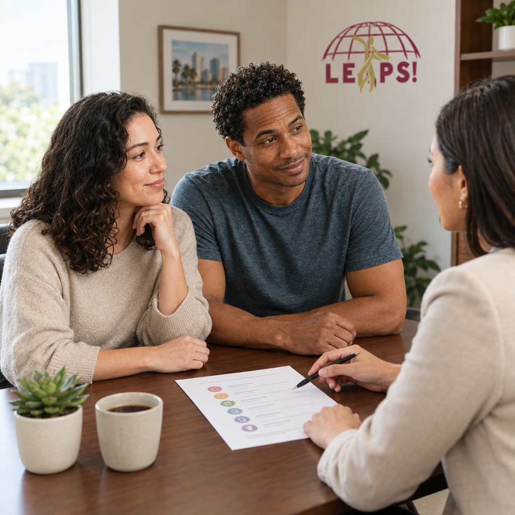 Couple comparing counseling support options with a therapist in a Florida consultation room