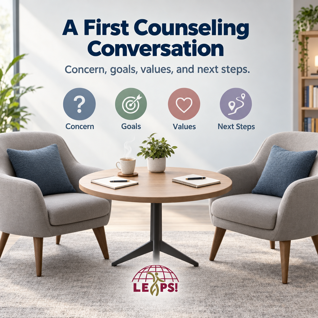 Four-step diagram showing how an initial counseling conversation is structured
