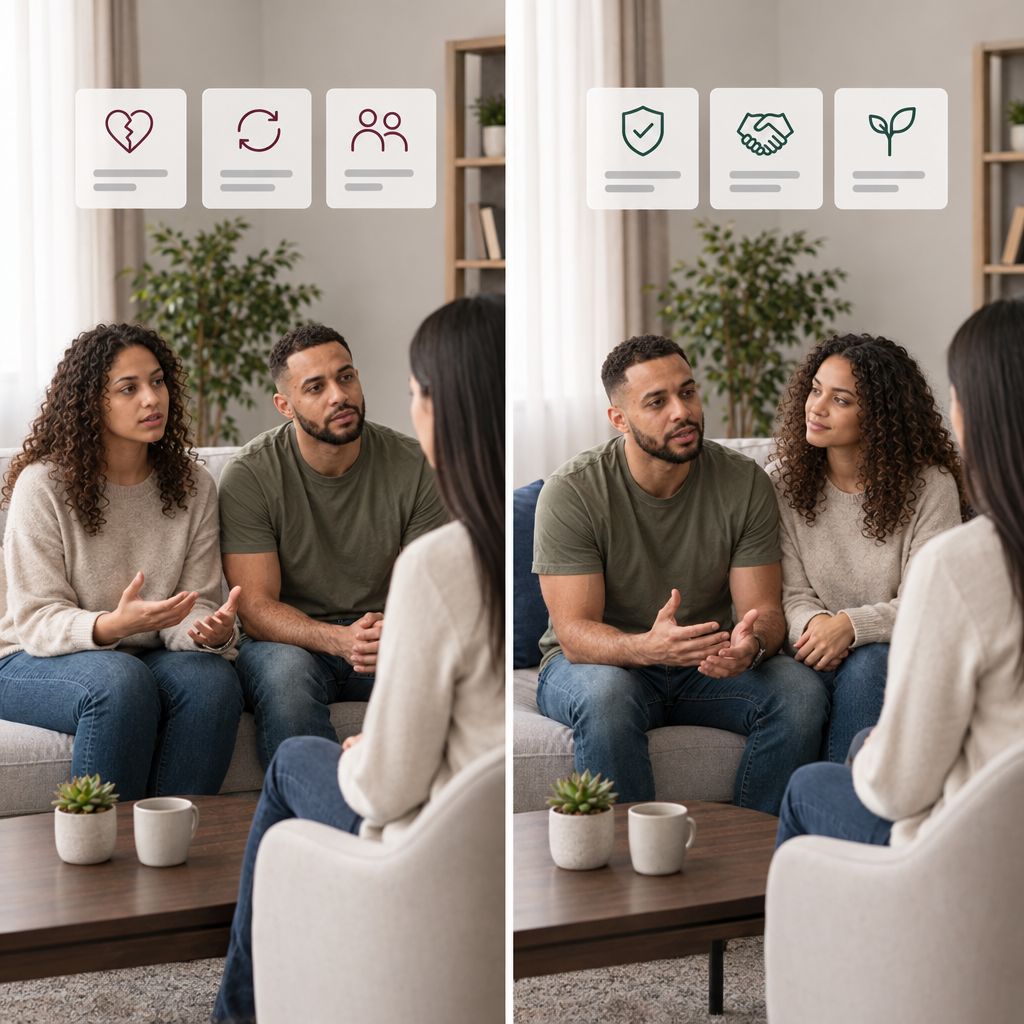 Split comparison of routine relationship counseling and focused infidelity recovery counseling