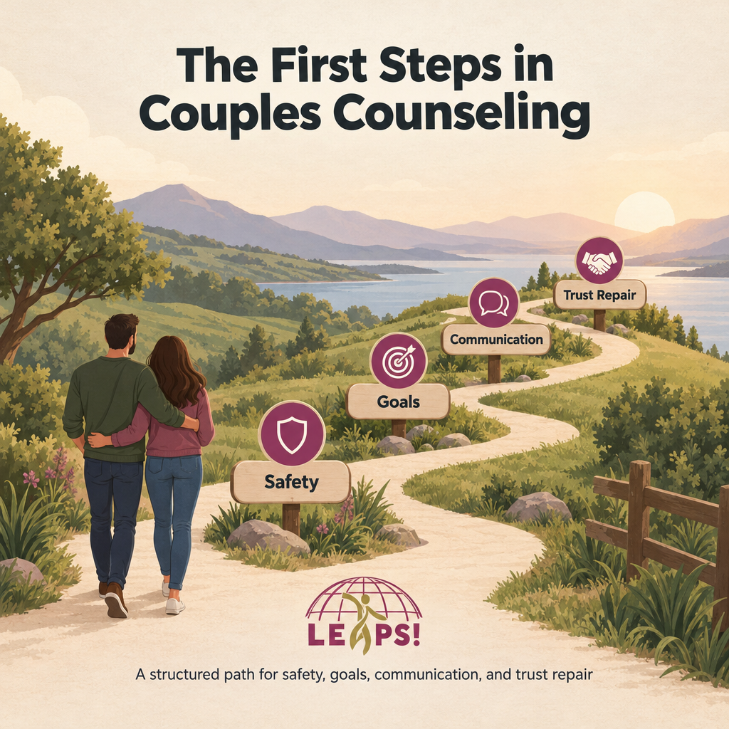 Four-stage counseling pathway from intake and safety planning to communication and trust repair
