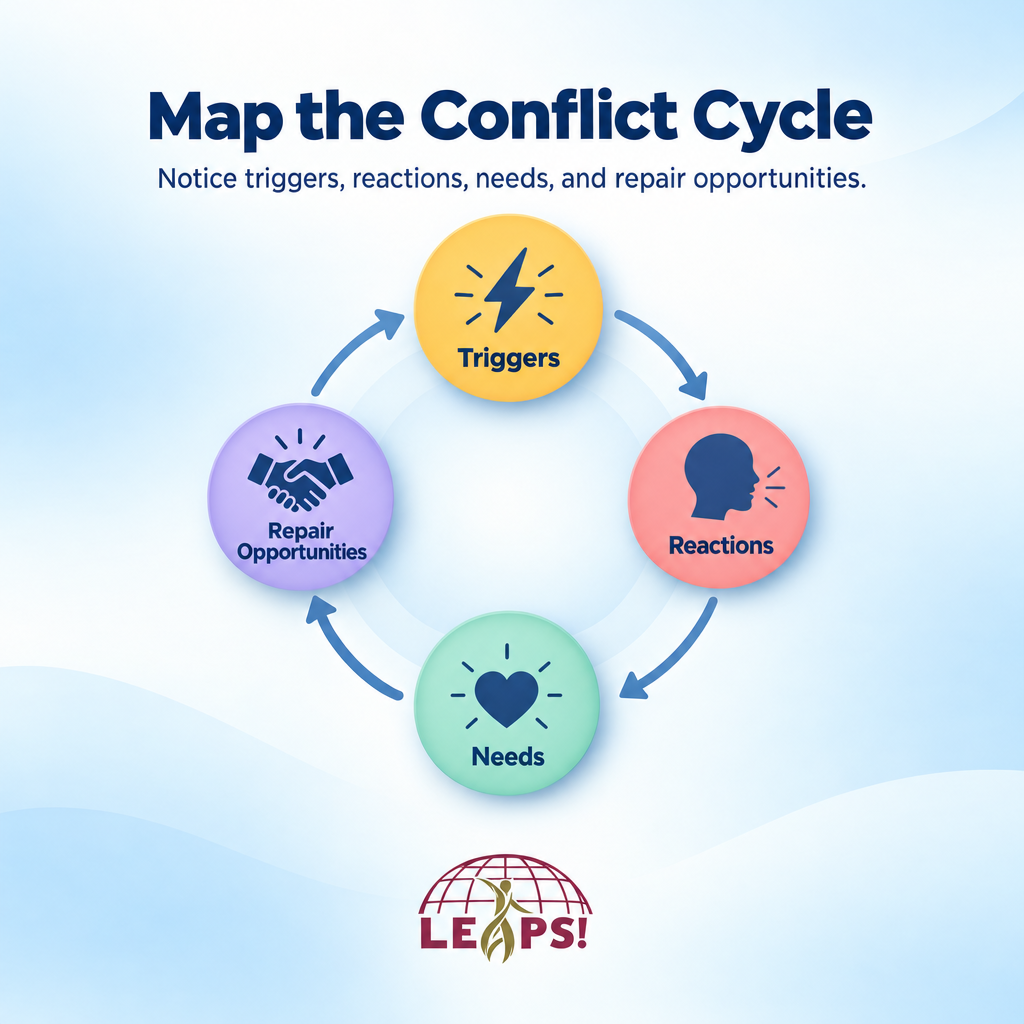Four-step diagram showing how couples identify and change a repeating conflict cycle