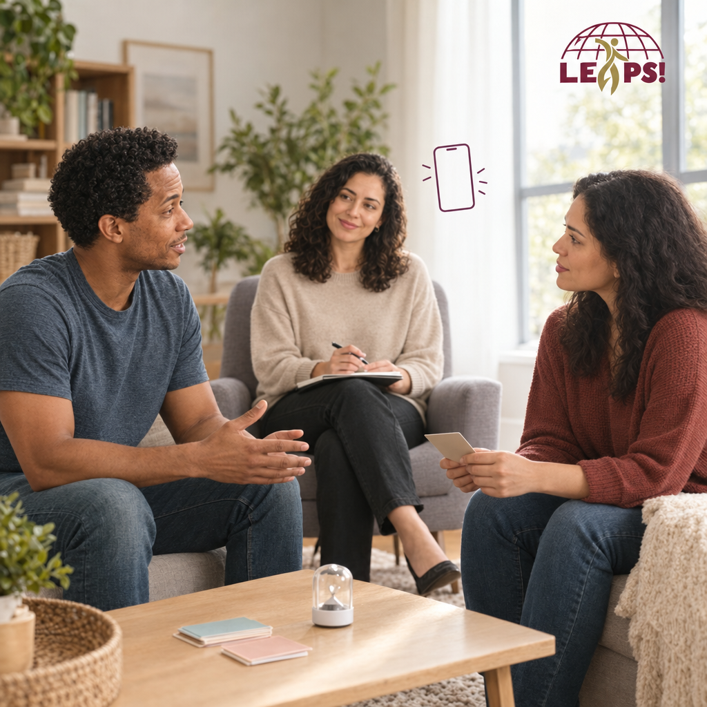 Couple practicing reflective listening with a therapist using conversation prompt cards