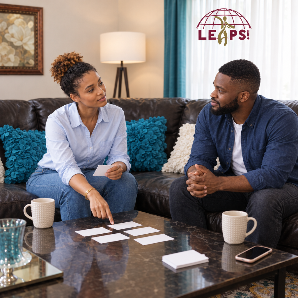 Couple preparing questions for a guided premarital counseling discussion at home